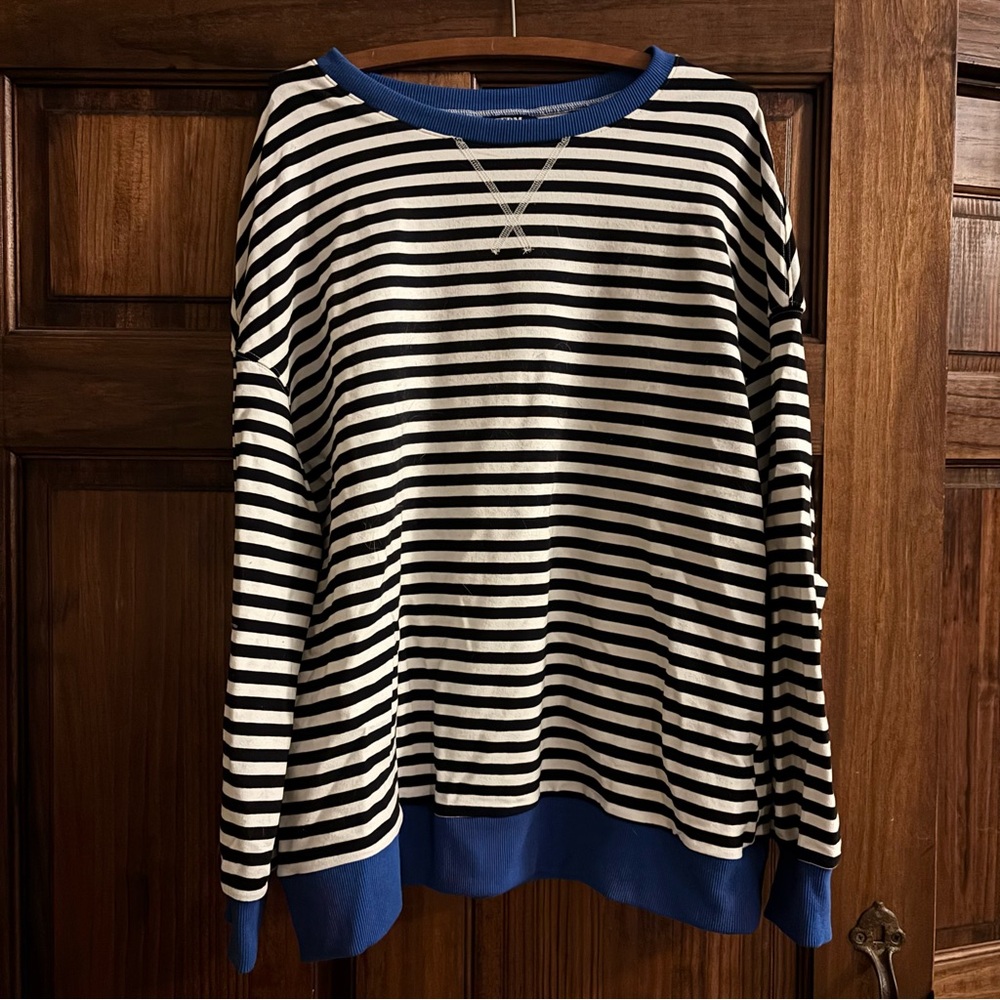 Striped Black and White Top with Blue Accents